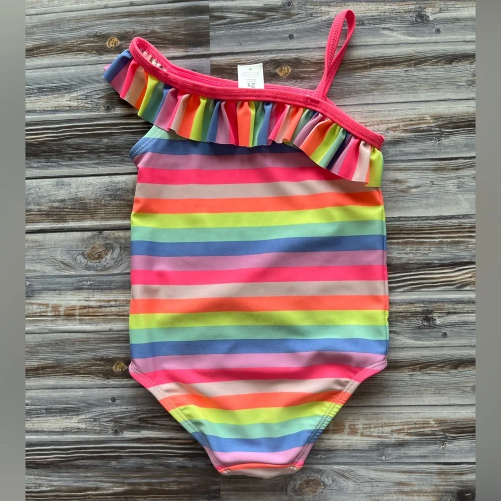 CARTERS colorful rainbow striped one shoulder ruffle one piece swimsuit